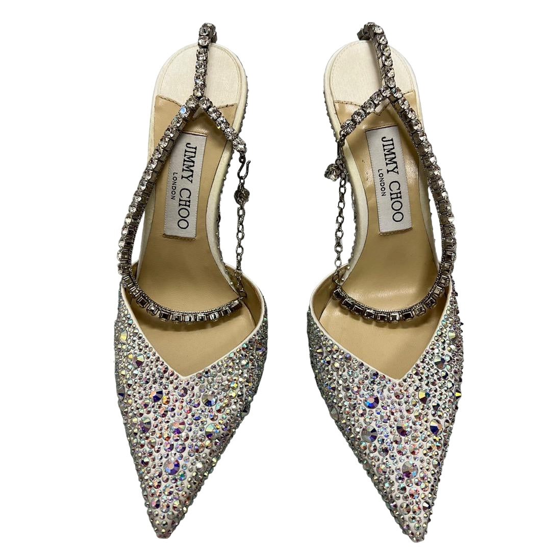 JIMMY CHOO Senda 100 Crystal Chain Satin Pumps