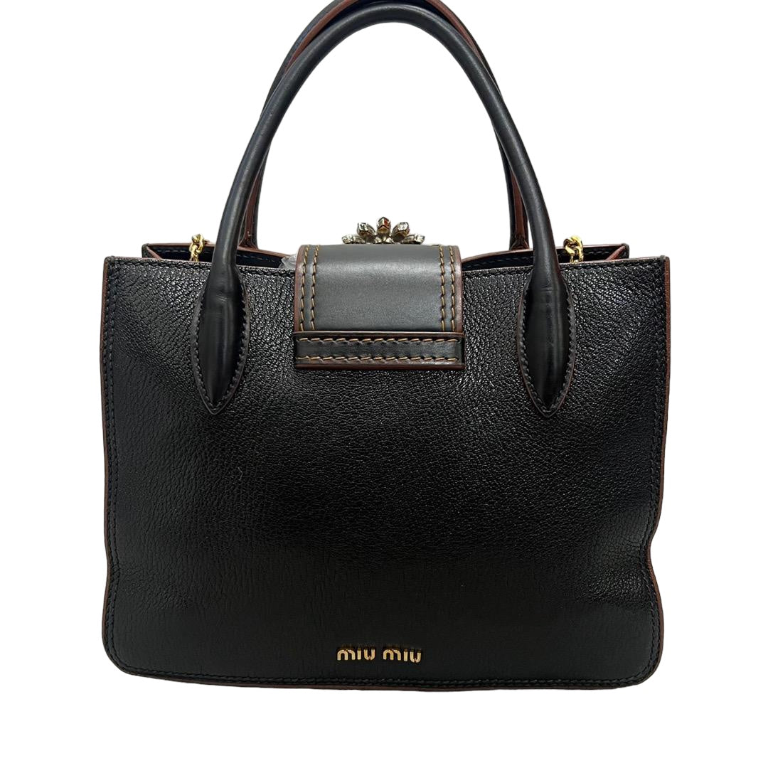 MIU MIU Tote Chain 2way Bijou Bag Buckle Leather Black